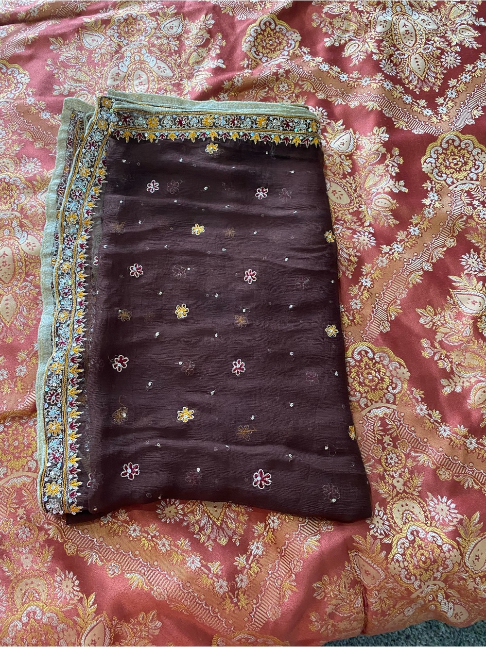 Embroidered Brown Sheer Scarf with Gold & Marigold Accents - Picture 7 of 7